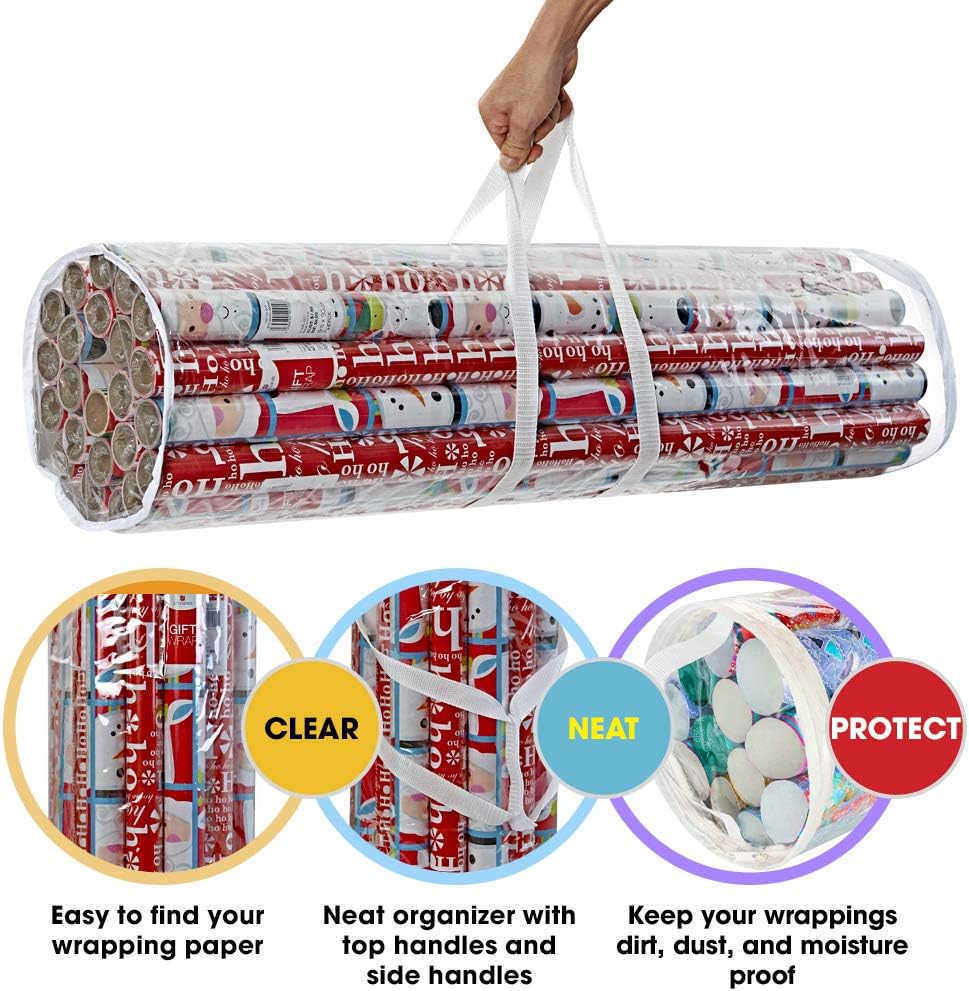 ProPik Wrapping Paper Storage Bag - Heavy Duty Organizer for 24 Rolls, 40 Inch Long | Clear PVC with Handles