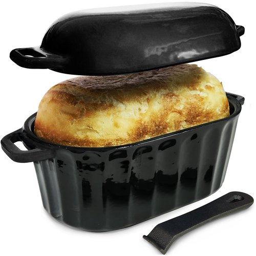 FANQIEW Dutch Oven Enameled Cast Iron Bread Pan with Lid Sourdough Loaf Pans for Baking Bread Large Heavy Oval Bread Dutch Oven with Movable Handle 4 Qt Black Dishwasher Safe