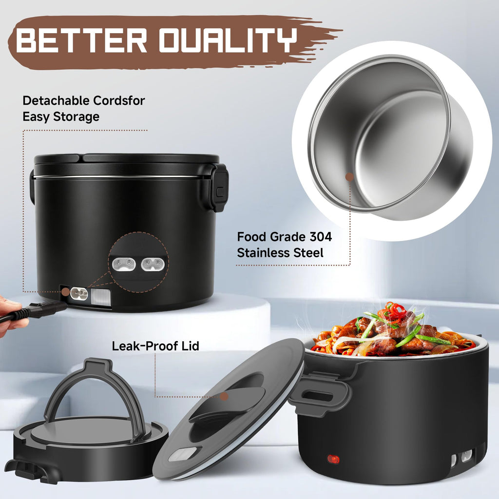 WVJ Electric Lunch Box for Men, 1L/34oz 100W Portable Food Warmer Leak-proof Food Heater for Adults 12V/24V/110V for Car/Truck/Office/On-the-Go Travel Black