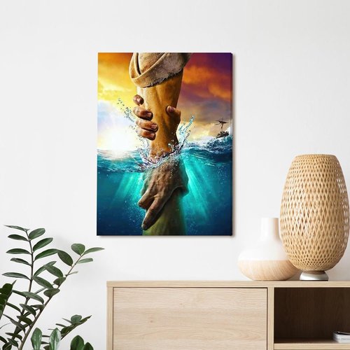 Framed Jesus Christ Canvas Wall Art - The Hand of God Reaching Into Water | 12" x 16" Christian Decor