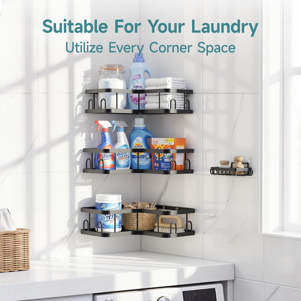 Veken Corner Shower Caddy - 4-Pack Adhesive Shelves with Soap Holder & Hooks | Rustproof, Waterproof, Black