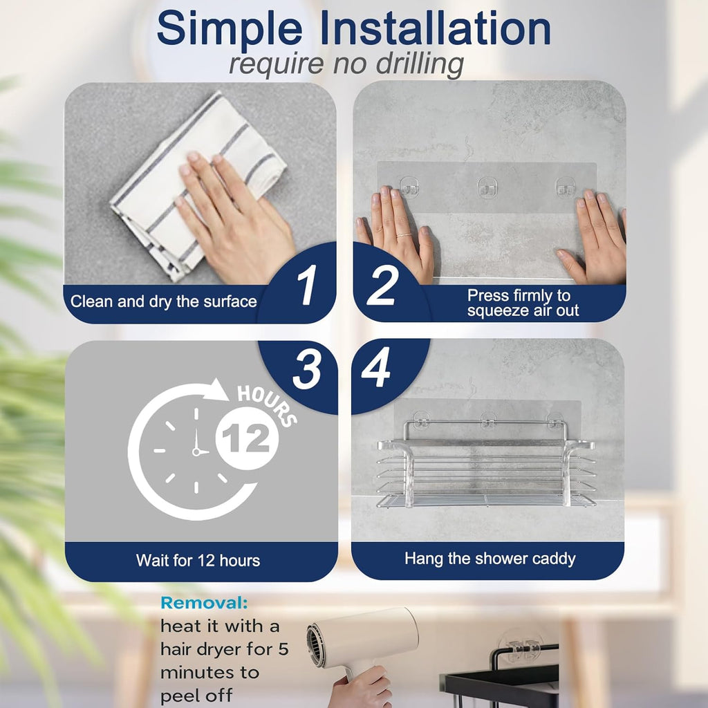 Skiennix Shower Caddy Adhesive Replacement - 4 Pack Strong Hooks for No-Drill Bathroom Storage
