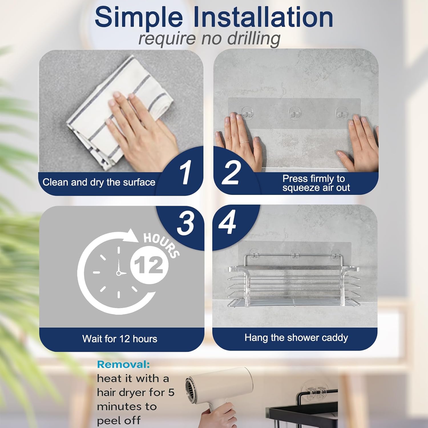 Skiennix Shower Caddy Adhesive Replacement - 4 Pack Strong Hooks for No-Drill Bathroom Storage
