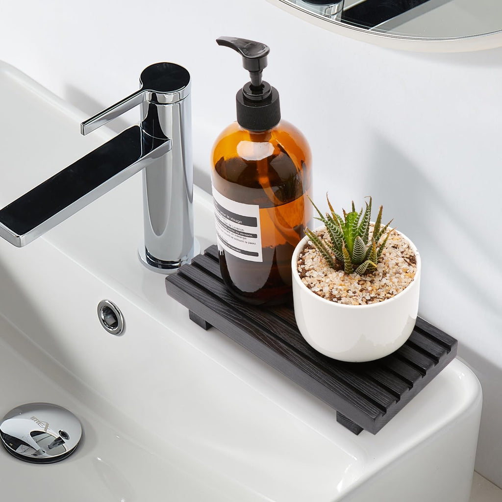 Regine Switzerland Bathroom Counter Organizer Tray - Decorative Wood Display Stand for Sink Accessories | Black