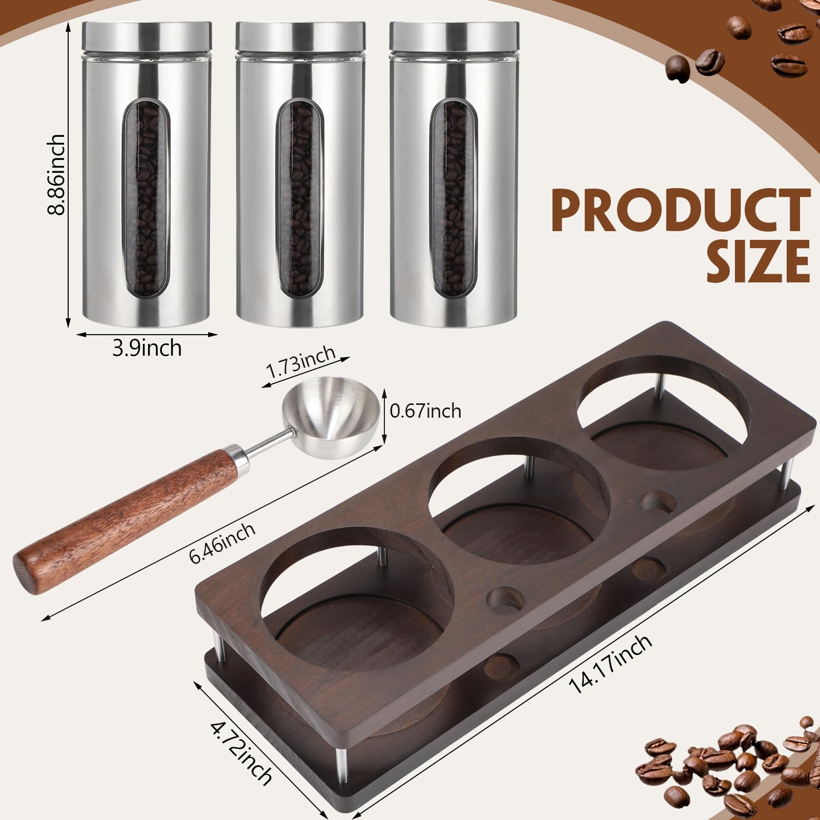 Suclain Stainless Steel Coffee Grounds Canisters with Shelf 3 x 50oz Sugar Coffee Bean Storage Container with Airtight Threaded Lid, Glass Window, Scoop Kitchen Storage Jar Set for Bar Creamer Nut Tea