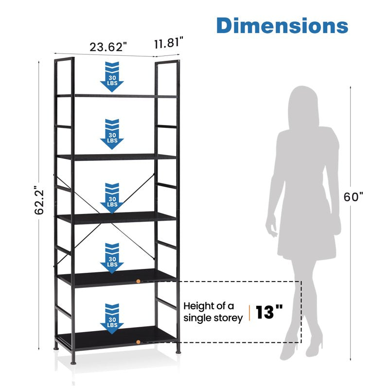 5-Tier Vertical Bookshelf - Modern Bookcase for Home & Office