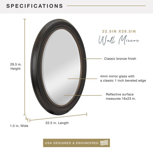 MCS 22.5x29.5 Large Wall Mirror, Bronze Oval Mirror with Beaded Detail, Vertical & Horizontal Wall Hanging Mirror for Bathroom, Bedroom & Livingroom