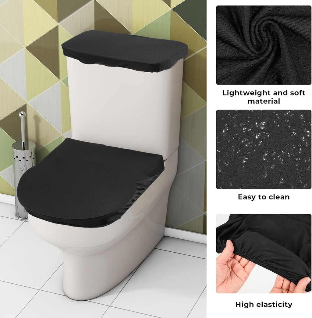 Skiennix Toilet Lid Cover Set - Soft Stretch Black Toilet Seat & Tank Covers for Universal Fit