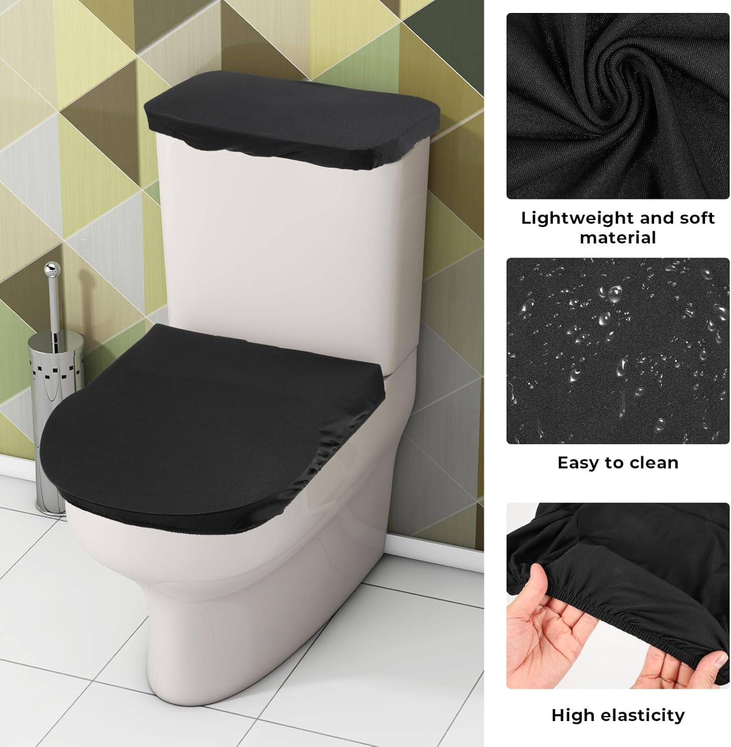 Skiennix Toilet Lid Cover Set - Soft Stretch Black Toilet Seat & Tank Covers for Universal Fit