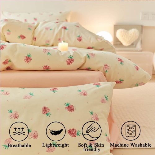 Bildenly Strawberry Comforter Set Twin Size 2 Pieces Red Strawberry Printed on Cream White Bedding Set Twin Bed in a Bag with Strawberries Comforter and 1 Pillowcase for Girls Kids