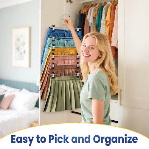 DAMITA Skirt Pants Hangers with Clips Space Saving Hanging Closet Organizer 6 Tiers Hanger with 360° Swivel Hook, Finger-Safe Design- College Dorm Room Apartment Essentials 1-Pack