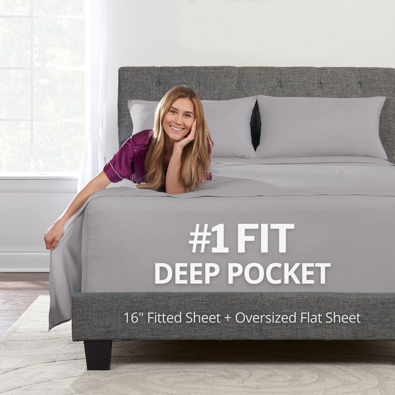 Twin Sheets Set - Twin Bed Sheets Kids Calm Grey - 16" Deep Pockets Fitted Sheet, Oversize Flat Sheet, 1 Zipper Closure Pillowcase