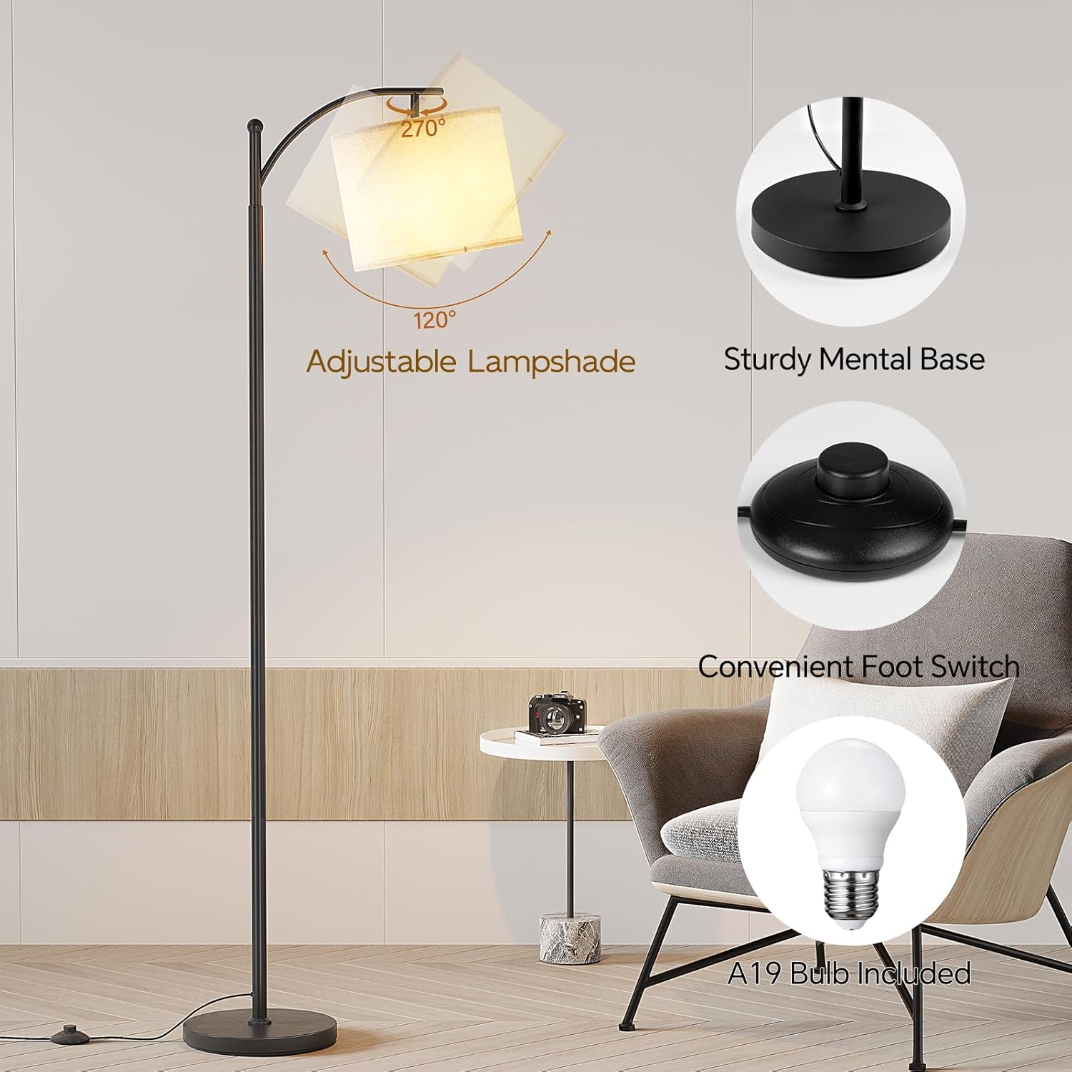 SUNMORY Arc Floor Lamp - Modern Design with 9W Adjustable 3-Color Bulb | Tall Metal Lamp for Living Room, Bedroom, Office (Black)