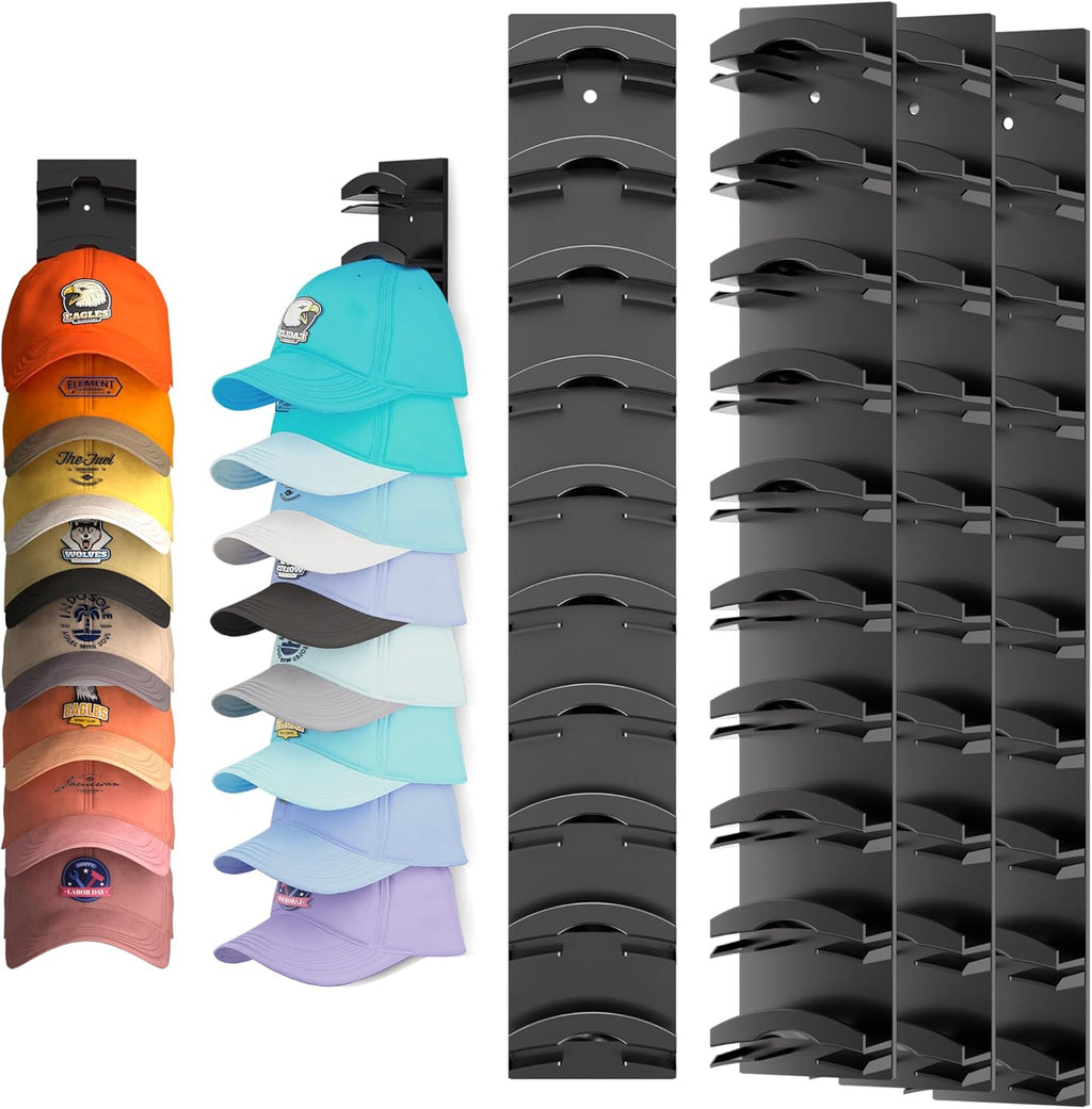 Skiennix Hat Organizer - Wall-Mounted Rack for 40 Baseball Caps - Strong Adhesive, Black Finish