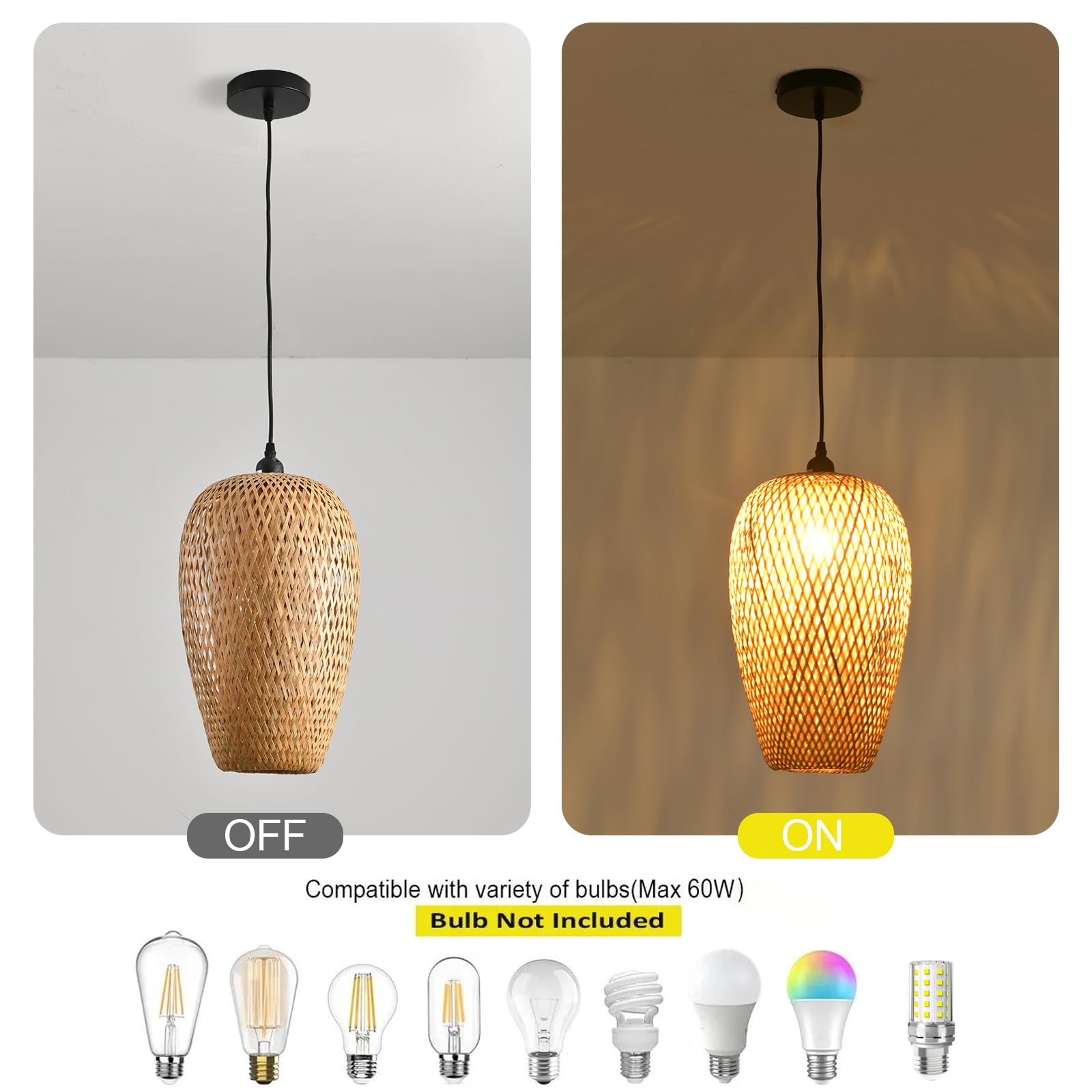 Teru Ji Kaikang Bamboo Lamp Shade, 2-Pack Hand-Woven Bamboo Rattan Hanging Light Shade,D 9.05" Rattan Table Lamp Shade for Floor Lamp, Wall Sconces Light Cover Table Light,Pendant light