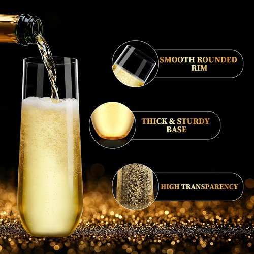 Guanqiao 12 Pack Stemless Plastic Champagne Flutes, 9 oz Clear Disposable Plastic Glasses, Heavy Duty Shatterproof Recyclable Mimosa Glasses for Party Wine Tasting Wedding New Years Eve Party Supplies