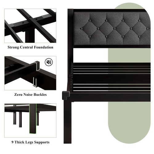 Feonase Full Size Metal Bed Frame, Heavy-Duty Platform Bed Frame with Linen Upholstered Headboard, 12" Storage Space, Steel Slats Support, No Box Spring Needed, Gray