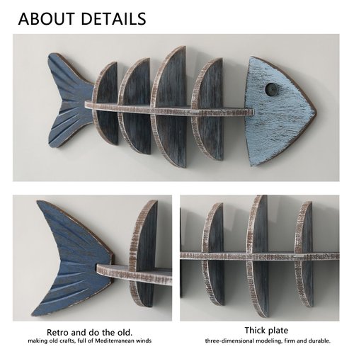 huulmood Wooden Fish Wall Shelf, Wood Fish Beach Decor Display Shelf, Nautical Coastal Style Wall - Mounted Organizer in Bedroom，Living Room，Lake House, Bathroom