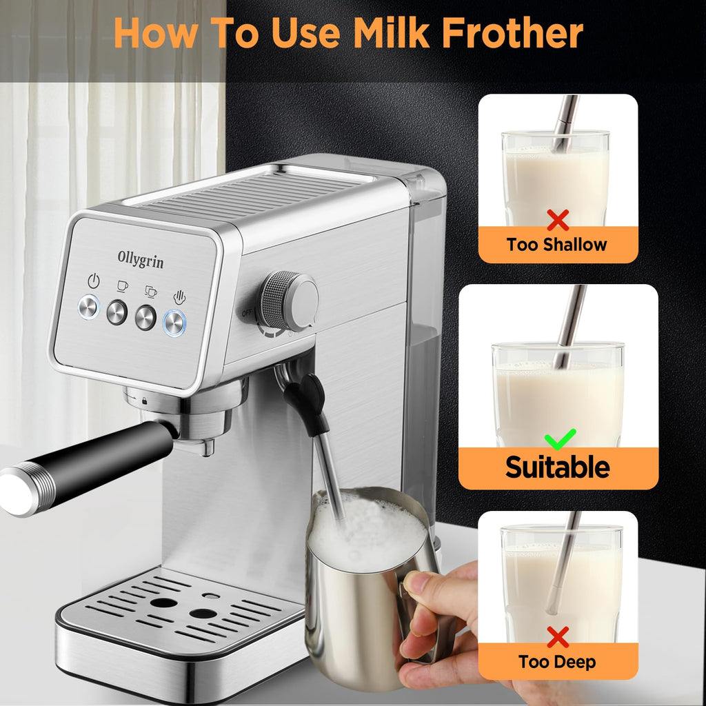 Ollygrin Espresso Machine,15 Bar Semi-Automatic Espresso Maker with Milk Frother,Compact Stainless Steel Coffee Machine with 40oz Removable Water Tank for Cappuccino,Latte, Americano,Sliver for Home