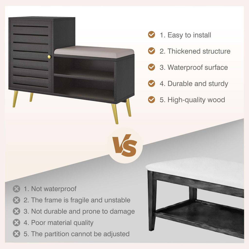 VECELO Shoe Storage Bench with Door&Shelf, Entryway Bench with Seat Cushion, for Hallway, Bedroom, Living Room, L-Shaped, Black