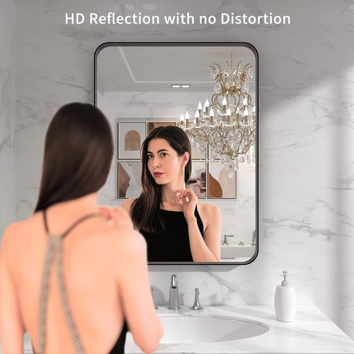 LOAAO Black Metal Framed Bathroom Mirror - 22x30 Inch Rounded Rectangle, Anti-Rust, Versatile Hanging Options