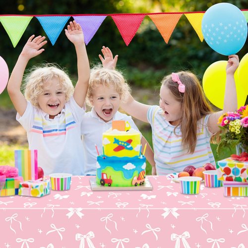 APUXXJUPA 4 Pcs Pink Bow Table Cloths, 51 x 86 '' White and Pink Bow Birthday Decorations for Coquette Birthday Decorations Baby Shower Party Supplies