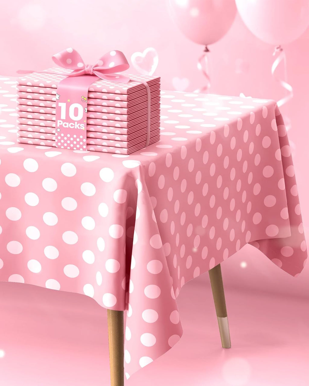 Pureegg Disposable Plastic Tablecloths - 10 Pack, 54 x 108 Inch, Pink Polka Dot for Parties & Events
