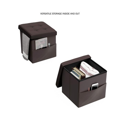 Lavish Home Foldable Storage Cube Ottoman with Pocket – Tufted Faux Leather Footrest Organizer for Bedroom, Living Room, Dorm or RV, Chocolate Brown