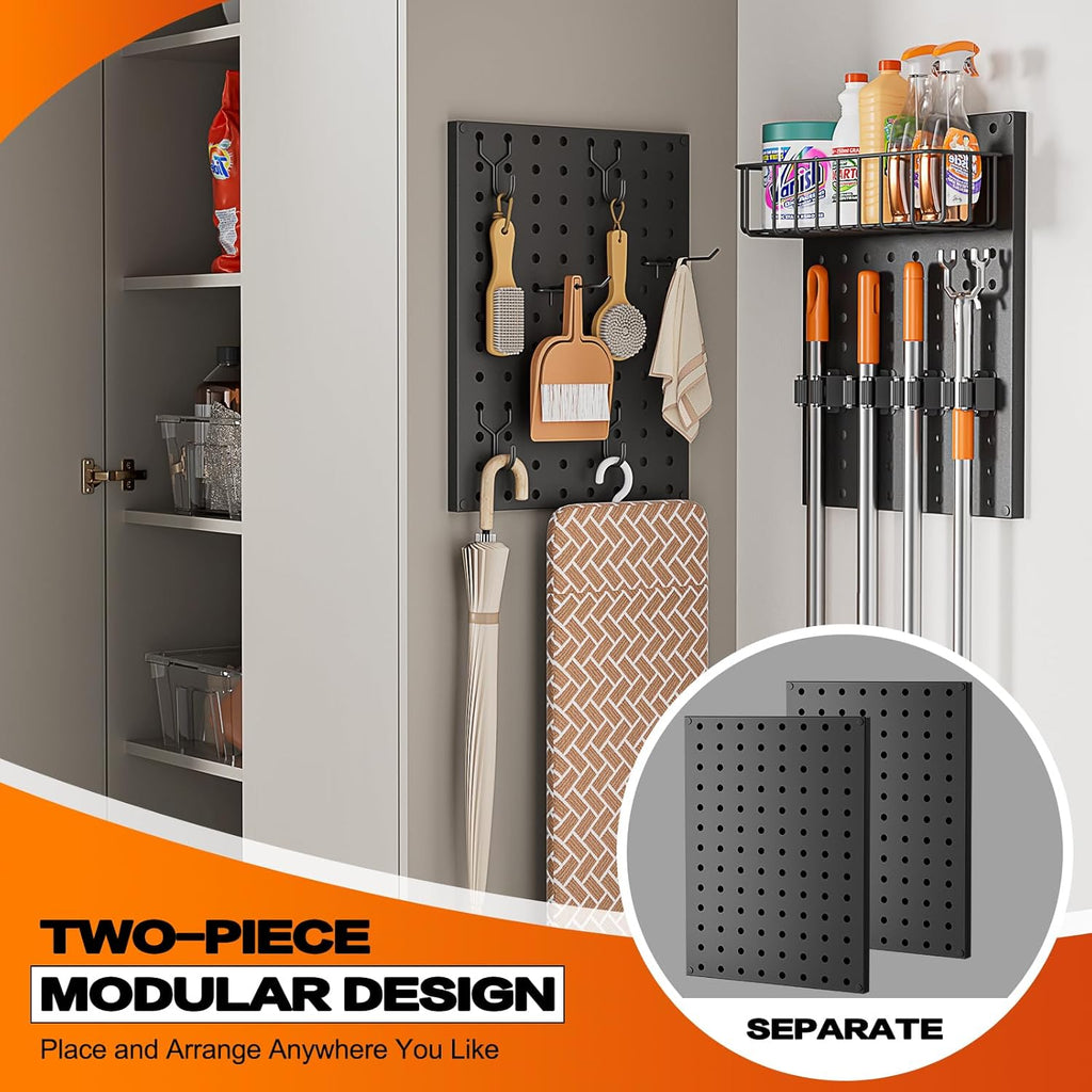 Pegboard Wall Organizer by Broom Holder - Mop Hanger Gripper Hooks & Storage Basket for Laundry Room