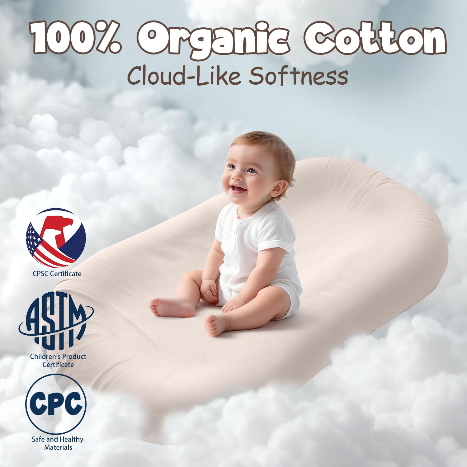 Skiennix Extra Large Baby Lounger - Pure Cotton Infant Nest with Thick Support & Removable Cover | Portable for Daily Care & Gifts