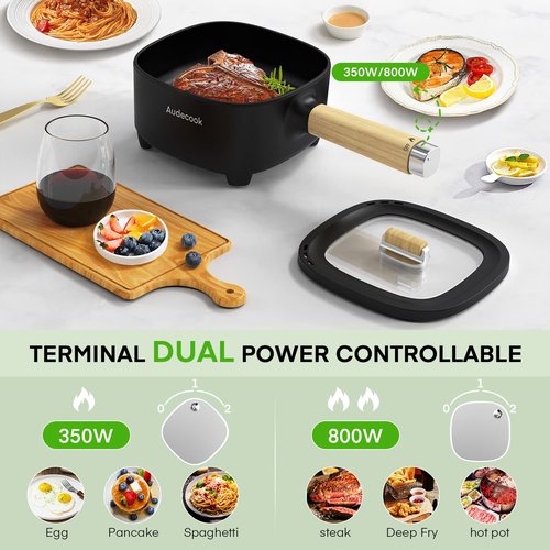 Audecook Hot Pot Electric 2L, Cermic Glaze Non-Stick Frying Pan 8 Inch, Portable Travel Cooker for Ramen/Steak/Fried Rice/Oatmeal/Soup, with Dual Power Control (Silicone Spatula Included)
