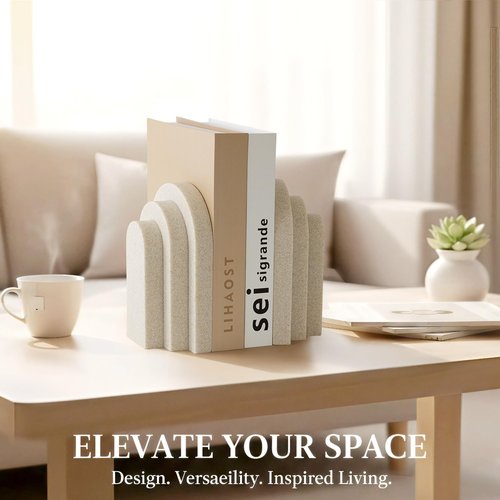 LIN CHUAN Heavy Duty Bookends for Shelves, 6.6 LBS Heavy Book Ends for Heavy Books, Decorative Modern Bookends with Faux Sandstone Look, Layered Arch Book Stopper for Bookshelf Holder Set of 2, Beige
