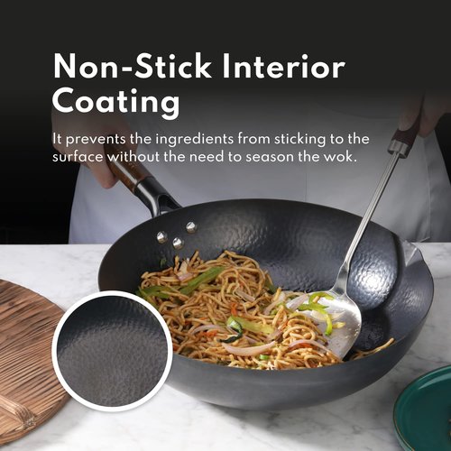 New Star Foodservice 1029154 Hand Hammered Carbon Steel, Non-Stick Wok Carbon Steel, Includes 12.7" Round Bottom, Wooden Lid, and Spatula (Hand Wash Recommended)