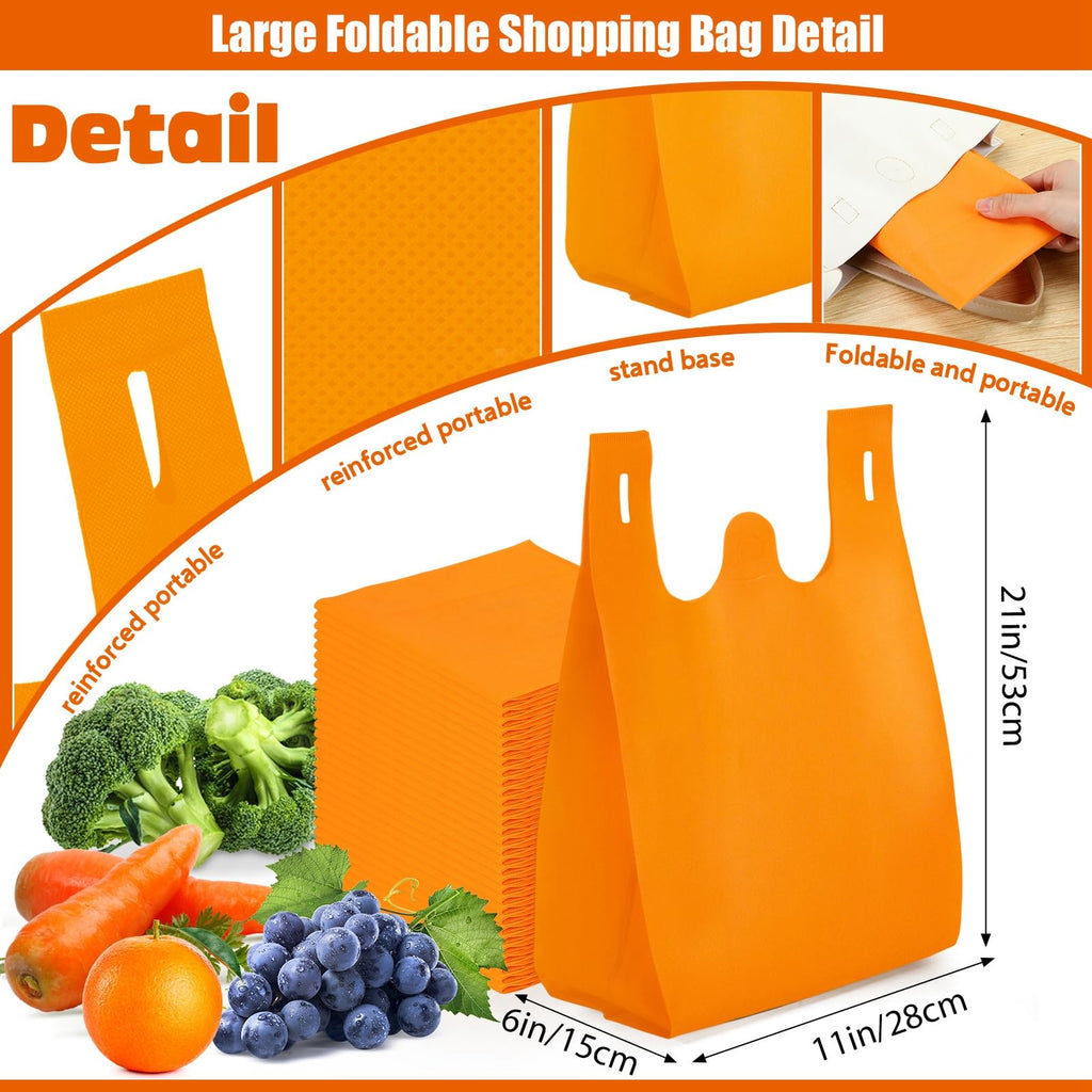 Windyun Large Grocery T-shirt Bags Bulk Reusable Non Woven Shopping Bag Foldable Gift Tote with Handle, 21x11x6 Inch(200 Pcs,Orange)