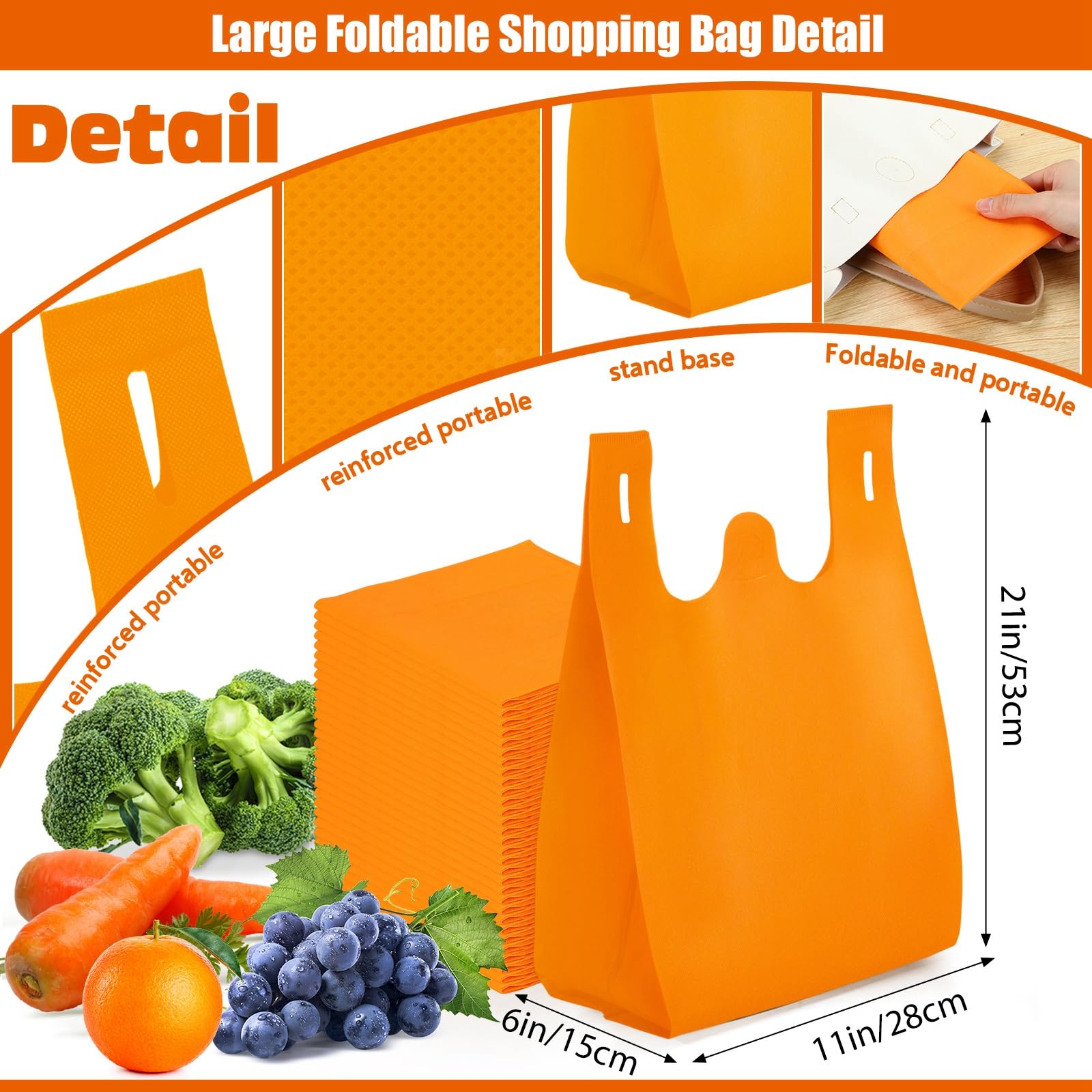 Windyun Large Grocery T-shirt Bags Bulk Reusable Non Woven Shopping Bag Foldable Gift Tote with Handle, 21x11x6 Inch(200 Pcs,Orange)