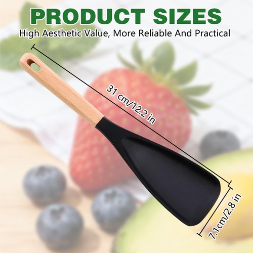 Silicone Spatula Spoon, Cedar and Ash Spoonula, Multifunction Spatula Cooking Spoon for Nonstick Cookwares with Lengthed Wooden Handle, for Mixing, Scoop, and Scrape (2 Black)