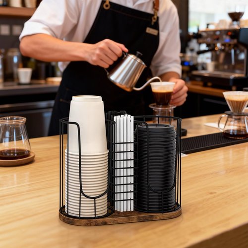 BCOZLUX Coffee Cup Holder 18oz 3-Compartment Paper Cup Dispenser Rack with Wood Base - Disposable Cup, Straw & Lid Organizer 3-in-1 Storage for Countertop, Coffee Bar, Kitchen, Office