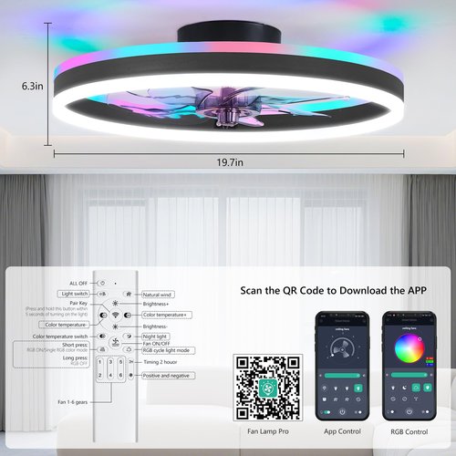 SAMPHON RGB Ceiling Fans with Lights, 19.7" Smart Low Profile Ceiling Fan, Modern Flush Mount Fandelier Light with Remote/APP Control, Dimmable Led Ceiling Fan Light for Living Room, Bedroom, Indoor