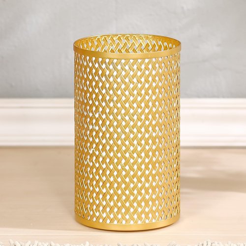Wenbery Small Gold Trash Can for Bathroom, Metal Garbage Can for Offices, Decorative Hollow-Out Garbage Can Waste Paper Bin, 7" W X 7" L X 12" H