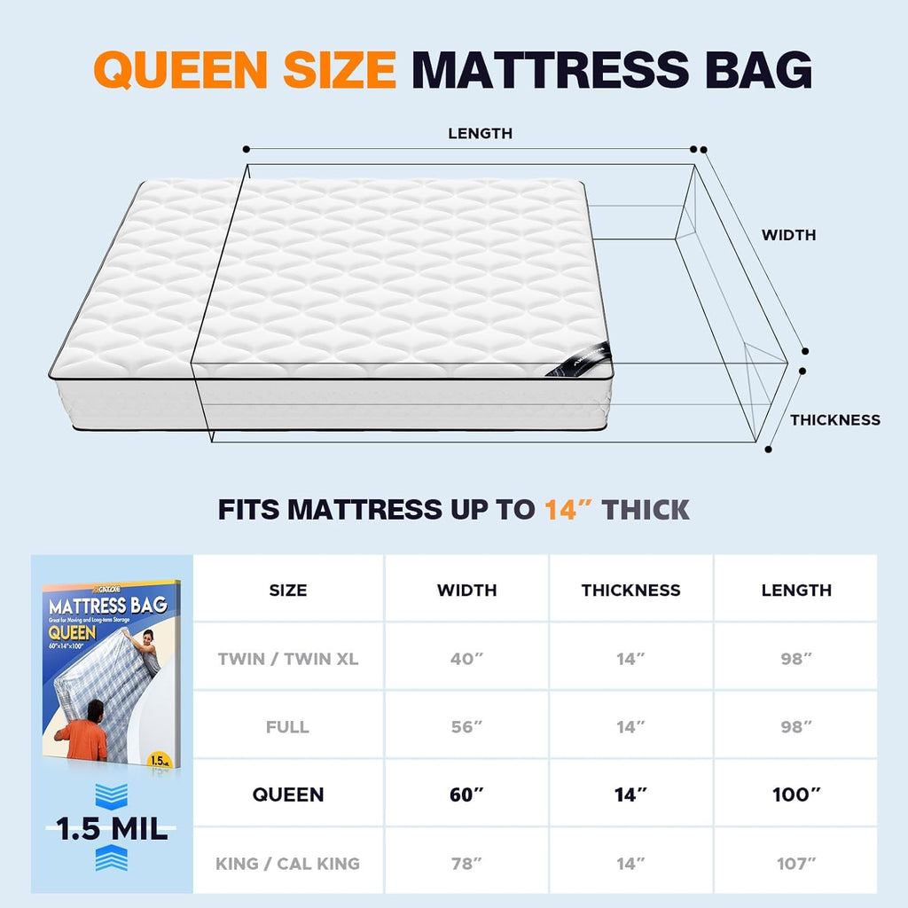 Skiennix Queen Size Plastic Mattress Bag - Waterproof Mattress Protector for Safe Moving & Storage