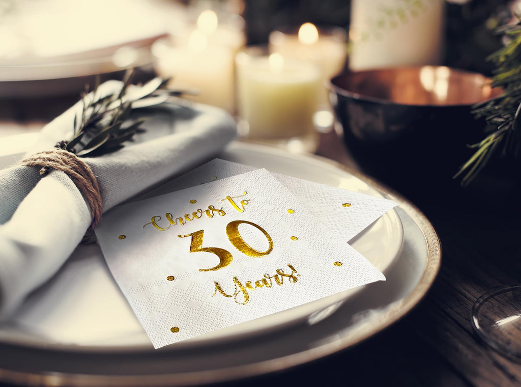 Cheers to 30 Years Cocktail Napkins | Happy 30th Birthday Decorations for Men and Women and Wedding Anniversary Party Decorations | 50-Pack 3-Ply Napkins | 5 x 5 inch folded (White)