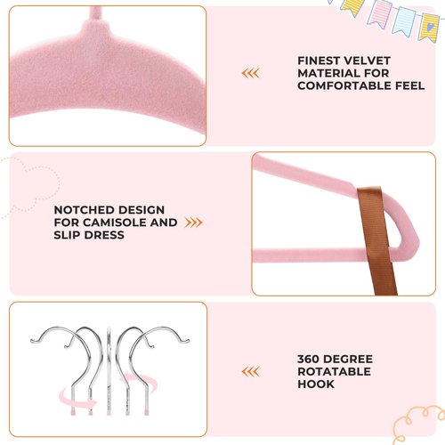 Babyrish Velvet Baby Hangers with Clips (30 Pack) | 11” Ultra-Slim Baby Clothes Hangers | Non-Slip Felt | Space-Saving Nursery & Infant Closet Organizer | Pink