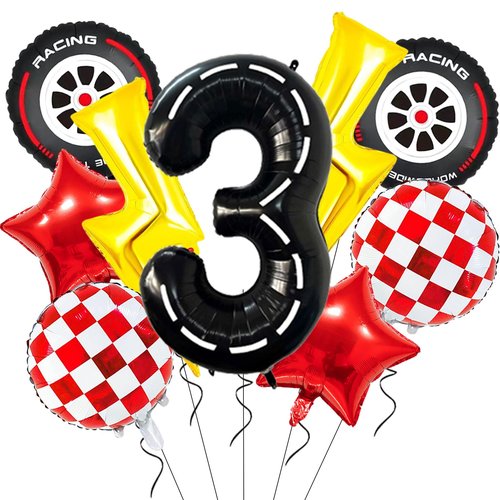 Cartoon Race Car Birthday Party Decorations Large Lightning Bolt Foil Balloons Race Car Balloons 40 Inch Racetrack Number 3 Balloon for Boys 3rd Cars Themed Birthday Party Decor Supplies