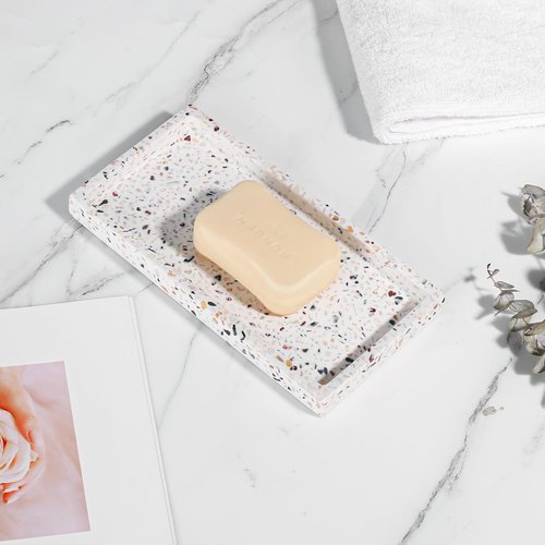 Luxspire Bathroom Vanity Tray, 8 x 4 inch Resin Kitchen Sink Tray for Soap Dispenser Bathroom Countertop Organizer Plate Holder for Perfume Soap Towel Bathroom Accessories, Mini, Terrazzo