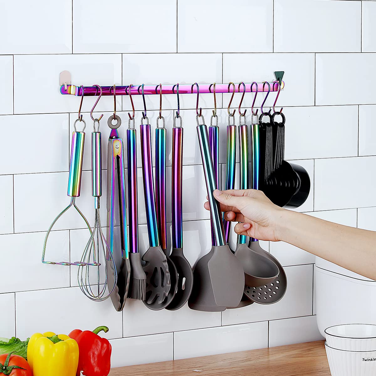 38 Piece Silicone kitchen Cooking Utensils Set with Utensil Rack, Silicone Head and Stainless Steel Handle Cookware, Kitchen Tools, Non-Stick kitchen Gadgets, Dishwasher Safe (Rainbow)