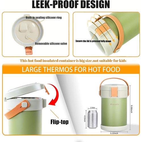 67oz Adults Thermo for Hot Food Kit 2L 9.06in 3 Layer Stainless Steel Vacuum Soup Food Thermo Hot Food Jar Bento Box for Men, Women, Suitable insulated Lunch Box for 12+ Camping, Office & Travel Use