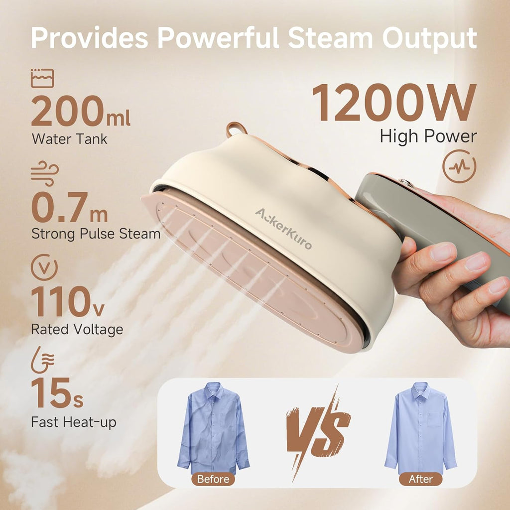 Skiennix Portable Handheld Clothes Steamer - 1200W Fast Heat Up, 200ml Tank, 3 Modes, Beige