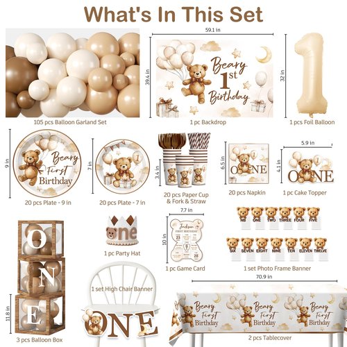 cocomigo 238 PCS Beary First Birthday Decorations, All-in-One Brown Bear Party Pack Service 20, With Banners, Backdrop, Cake Topper, Balloons, Plates and Napkins for Beary 1st Birthday Party