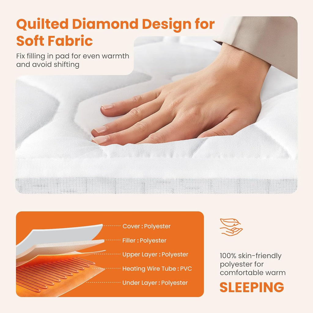 Sweetcrispy Heated Mattress Pad - Twin Size (75×39″) | Quilted Electric Bed Warmer with 12 Heat Settings & Auto Shut-Off - White