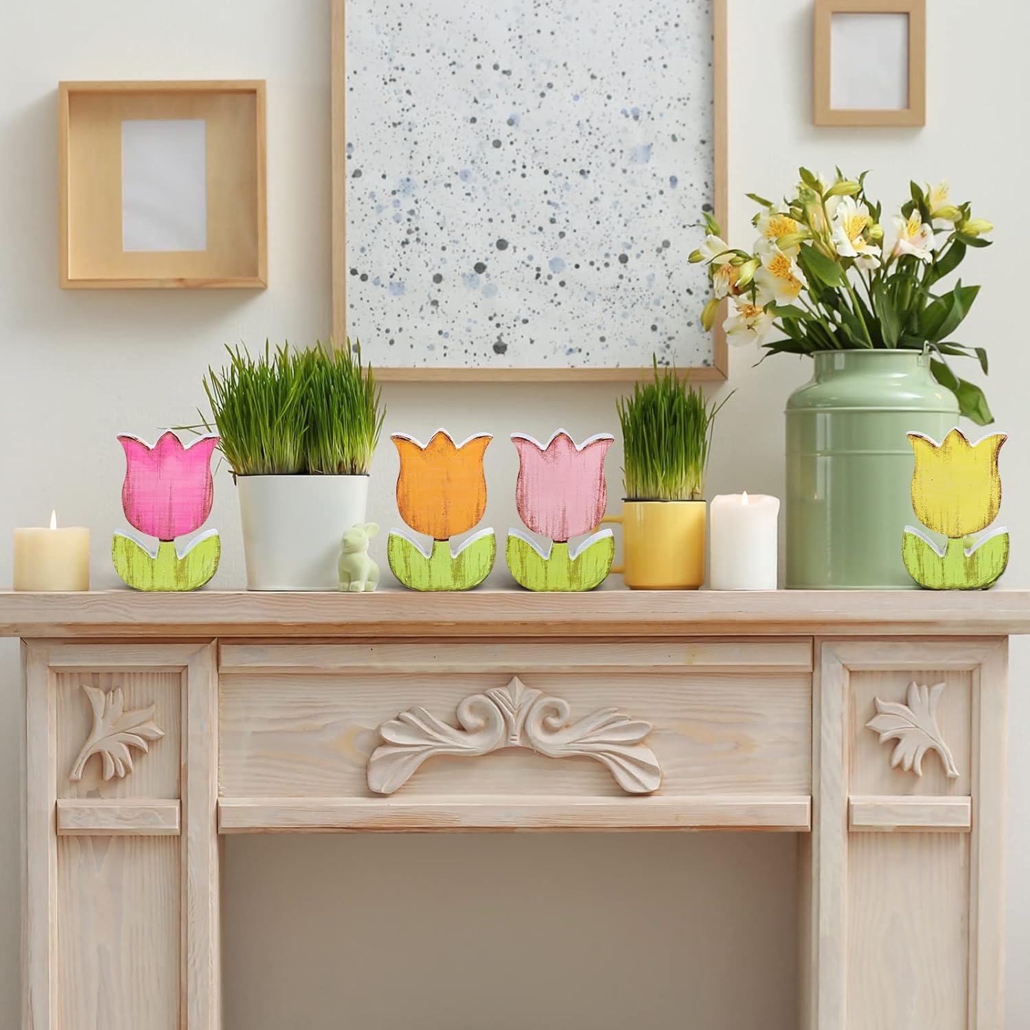 Whaline 4Pcs Spring Tulips Wood Signs - Rustic Floral Table Decor for Farmhouse Centerpieces